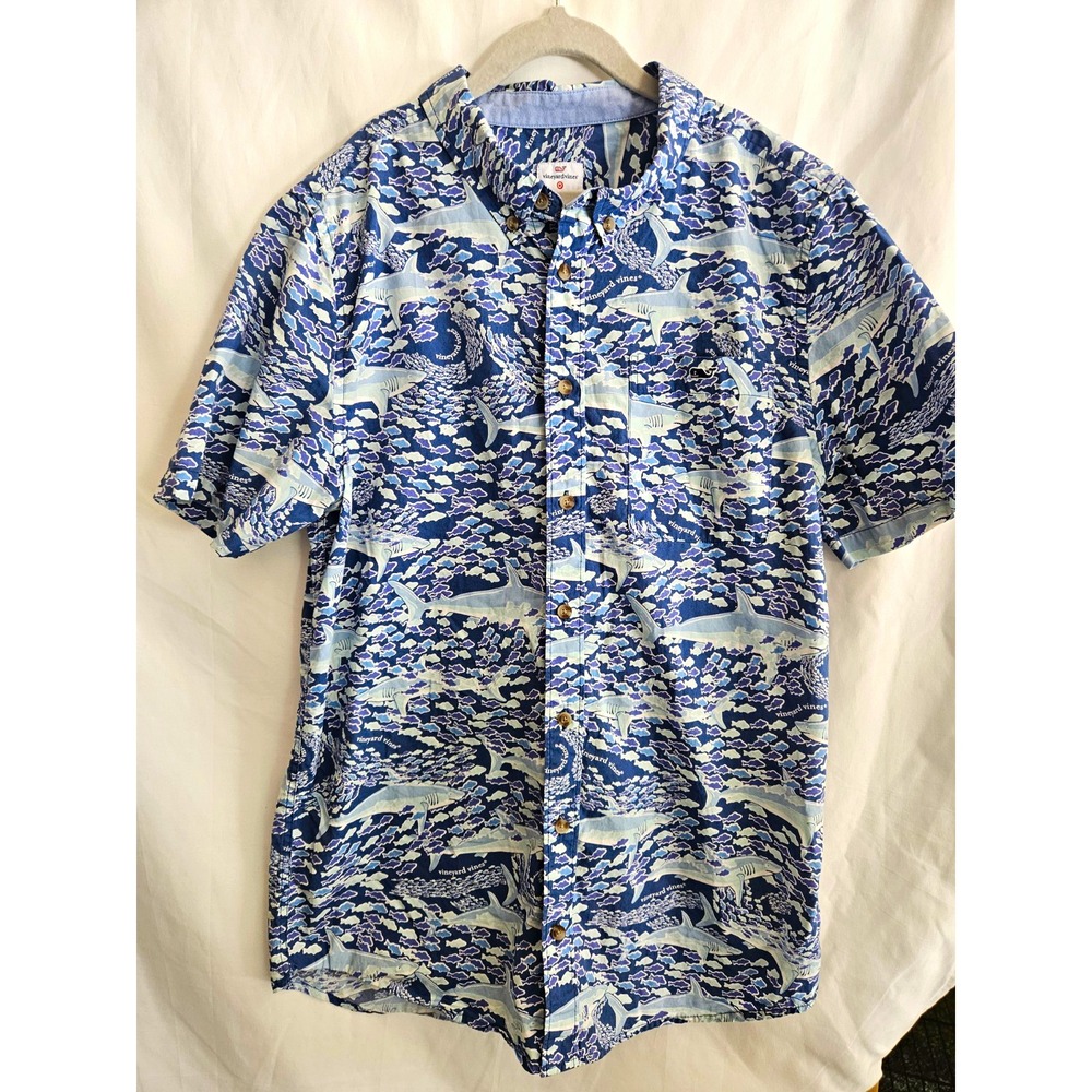 Vineyard Vines Men's Blue Fish Graphic Print Short Sleeve Button-Down Shirt XL